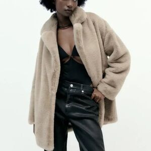 Zara Faux Fur Coat, Color: Taupe, Size: Small